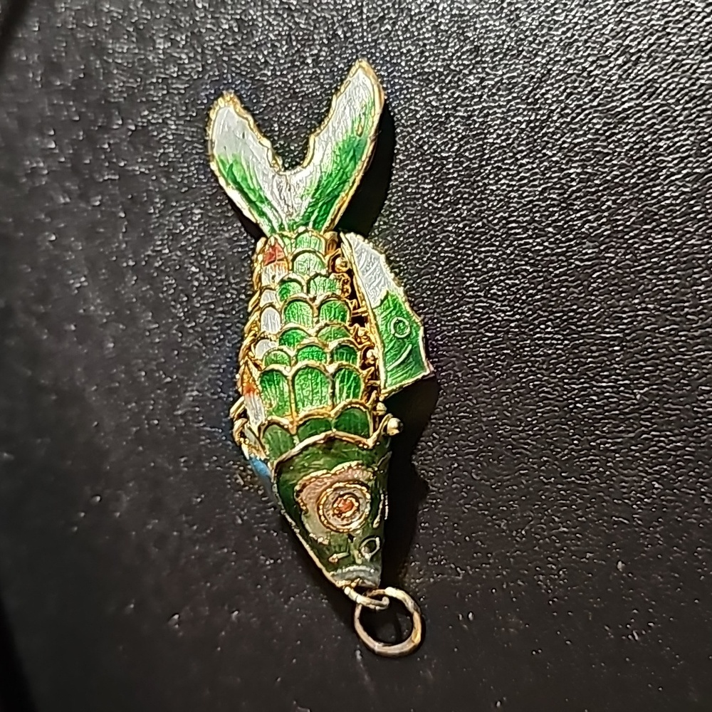 Vintage Cloisonne 2 1/4" Fish Pendant Green & Gold Koi Articulated